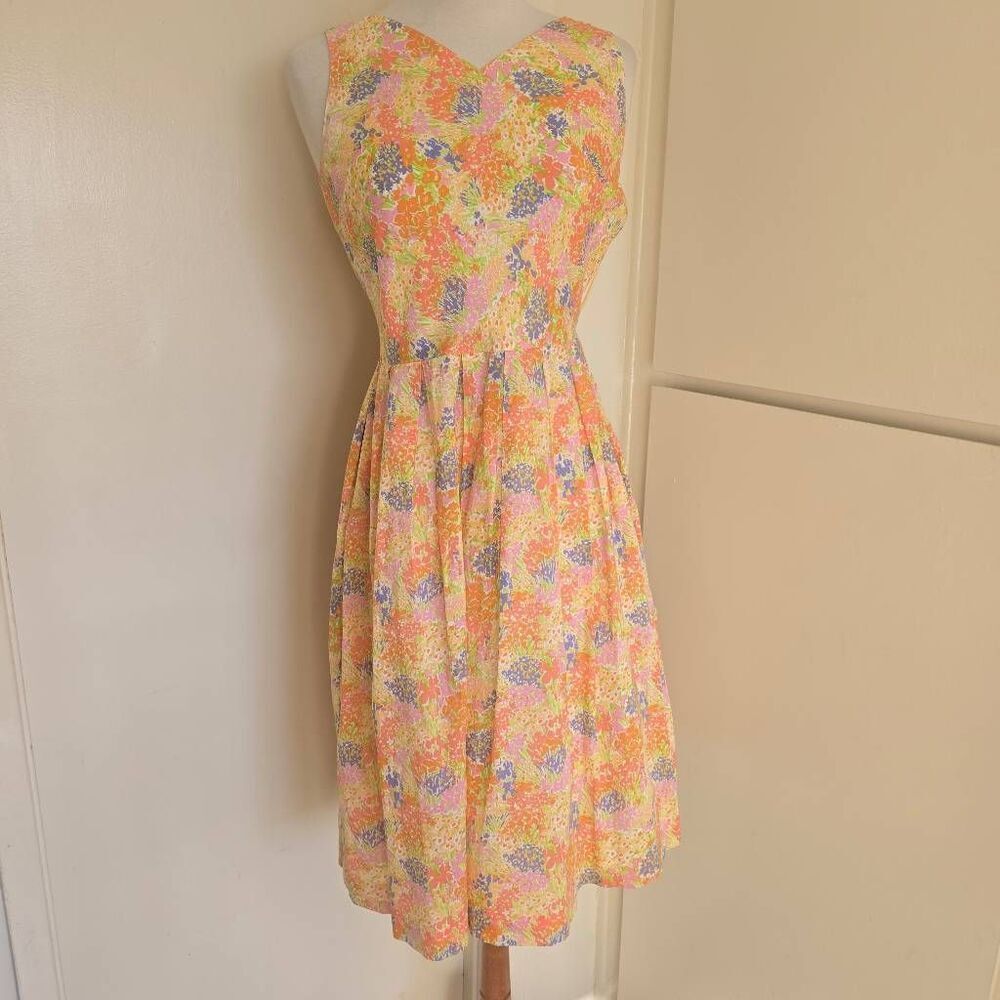 Talbots Bright Multicolor/White Floral Ctn Dress, Slvls.V-Neck, Faux Wrap, EUC,4